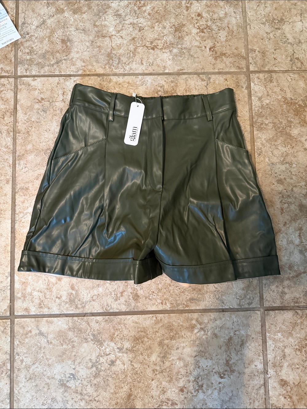 glam Olive Green High-Waist Faux Leather Shorts